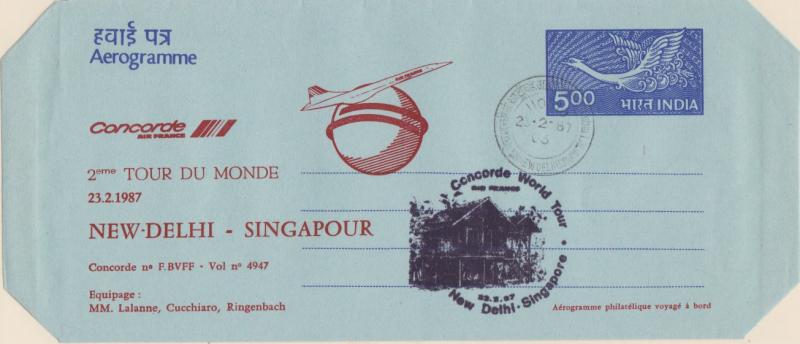 India 5R Flying Crane Air Letter 1987 New Delhi Concorde First Flight to Sing...