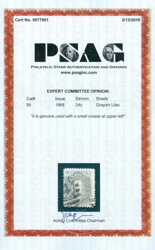 EDW1949SELL : USA 1868 Scott #99 Used. Duplex '4' cancel. PSAG Cert. Cat $1,600.