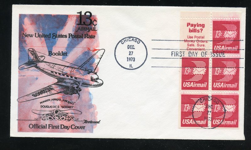 US C79a 13c Air Mail Winged Envelope -Bklt 5+1 Blk  UA Fleetwood cachet FDC 