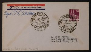 1950 Bremen Germany First Flight cover to USA Pilot Signed J Wallace PAA Pan Am