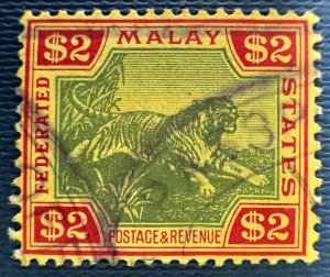 Malaya Federated Malay States FMS 1934 Tiger $2 Used SG#79 M5591#