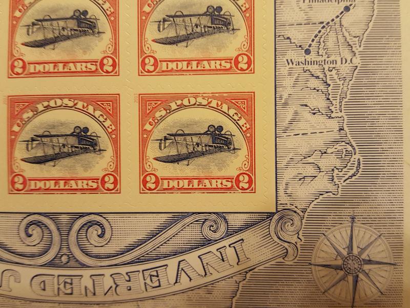  Inverted Jenny $2 US Postage Stamp, Pane of 6 stamps per sheet.