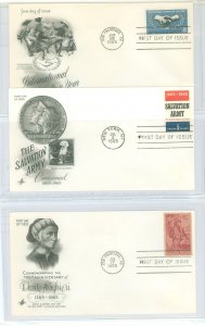 US 1266-68 1965 3 U/A FDCs, artcraft cachets, International Cooperation, Salvation Army, Dante Alighieri