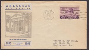 1936 Arkansas Centennial 100 yrs Sc 782-7 Linprint cachet, neat typed address