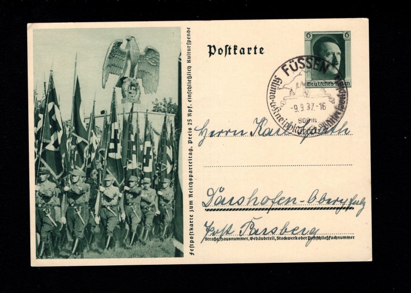 Germany Nuremberg Flag Carriers Hitler Fussen 1937 Postal Card H9