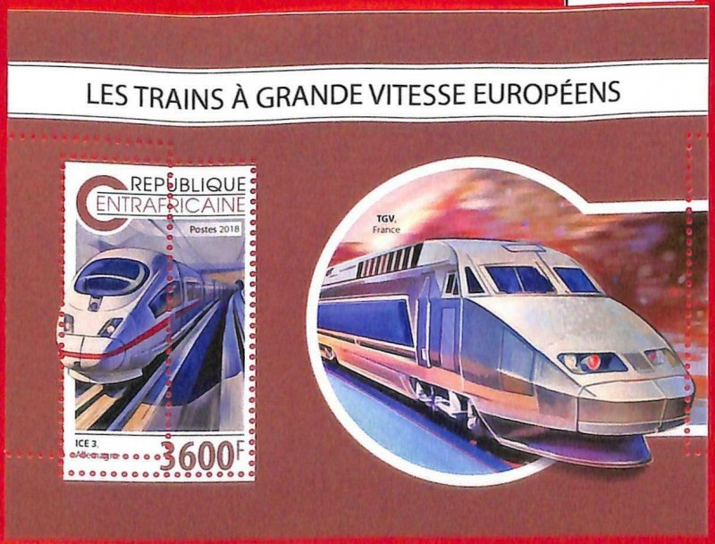 A1605 - CENTRAL AFRICAN R - ERROR: MISSPERF SOUVENIR S - 2018, High speed trains