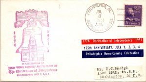 175th HOME COMING ANNIVERSARY DECLARATION OF INDEPENDENCE CACHET COVER 1951