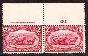 US 286 2c Trans-Mississippi Mint Plate #659 Top Pair F-VF OG NH/LH SCV $110