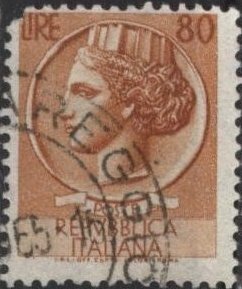 Italy 633 (used, pulled corner) 80L Italia org brn (wtmk 277) (1953)