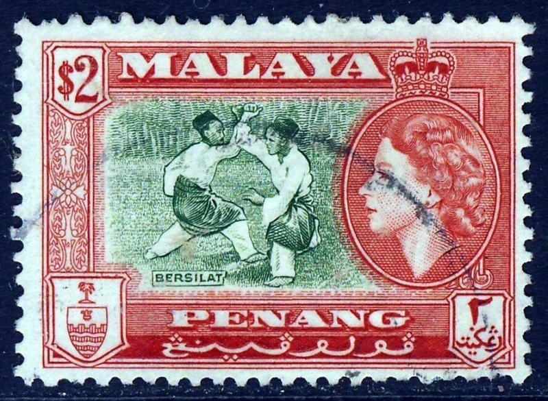 PENANG MALAYSIA QE II 1957 $2 Green & Scarlet Perf. 12½  SG 53 VFU