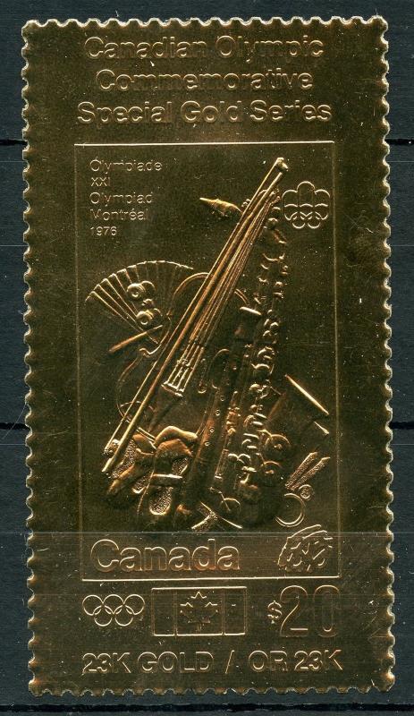 CANADA $20 OLYMPIC COMMEMORATIVE INSTRUMENTS 23K SPECIAL  GOLD FOIL STAMP MINT