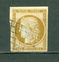 FRANCE 1850 IMPERF CERES #1 VERY SMALL THIN USED