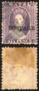 Natal SG83 6d Violet Wmk CC Opt POSTAGE (Davis) Cat 9 pounds