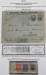 1906 Huanuni Bolivia Mining Company Cover To Paris France Via Buenos Aires