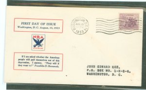 US 732 (1933) 3c NRA/Natiional recovery Act (single) on an addressed(stencil) first day cover with a cachet by an unknown publis