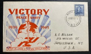 1945 New Zeland Censored Patriotic Cover To Jamestown NY USA Victory Peace Unity