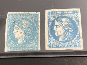 France #43-44 used 1870 20c blue (two types) Imperf Ceres