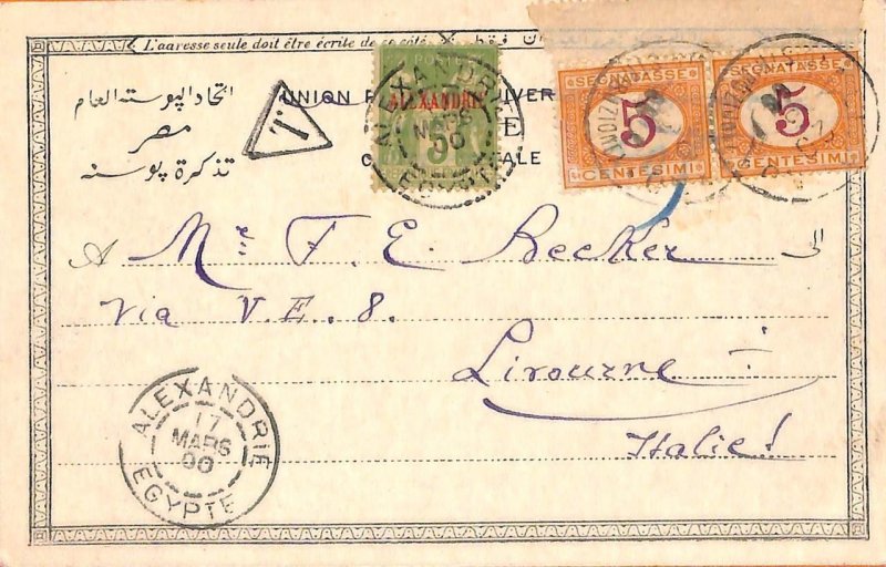 aa0175 - Alexandria EEGYPT - POSTAL HISTORY - POSTCARD to ITALY - TAXED!  1900-