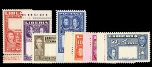 Liberia #333-337, C68-69, 1952 2c-50c, complete set with centers omitted, nev...