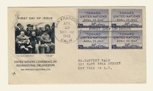 US - 1945 Scott 928 FDC 5c UN San Francisco Conf. (Art Craft Cachet) Block of 4