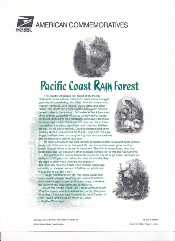 Scott #CP596 (3378) Pacific Coast Rain Forest Commemorative Panel Stamp Sheet