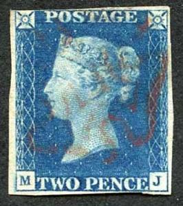 1840 2d Blue (MJ) Plate 2 small thin RED CROSS