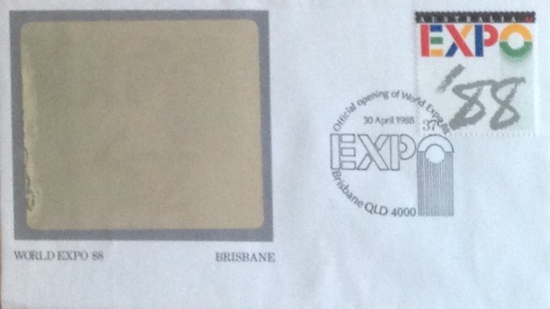 AUSTRALIA FDC 1988 WORLD EXPO. HOLOGRAM COVER. BRISBANE HANDSTAMP