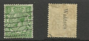 GB 1924 - 26 KGV 1/2d Green AMAZING Very Rare Underprint WATTSES Wmk 111.- A363