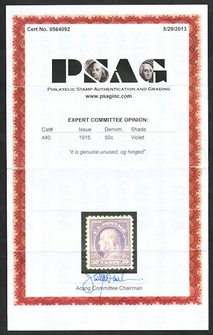 USA #440 VF/XF OG H, w/PSAG (05/13) CERT