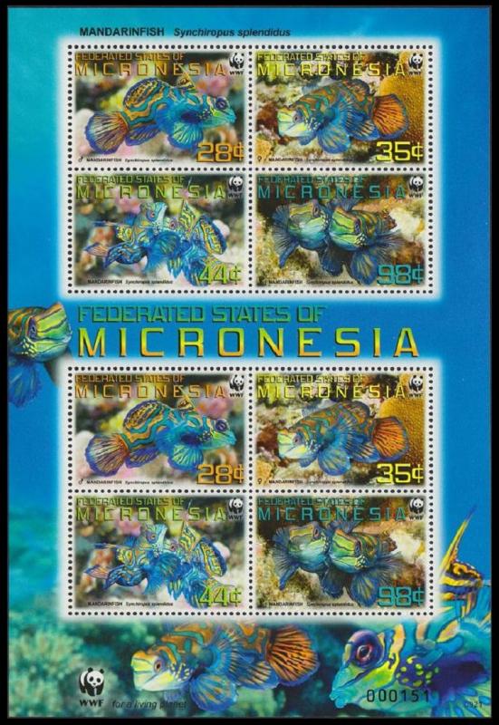 Micronesia WWF Mandarinfish Sheetlet of 2 sets MI#2052-2055 SC#848a-d