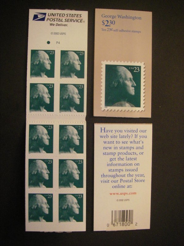 BK288, Scott 3618a, b, 23c Washington, #P4, Complete booklet, MNH Beauty