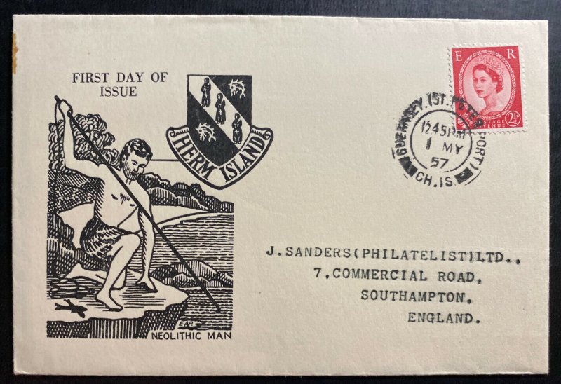 1957 Guernsey Channel Island First Day Cover Neolithic Man Cachet & Back Stamps