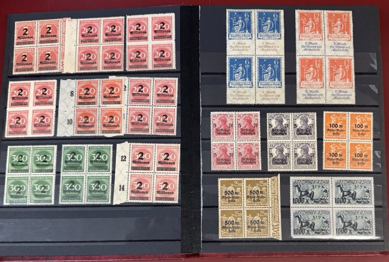 Germany, 1919-1923, Mint, Never Hinged Blocks of 4, including Varieties