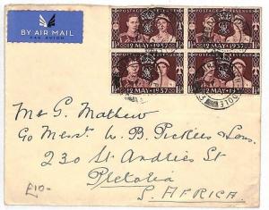 AK123 1937 GB CORONATION ISSUE BLOCK{4} Bournemouth S.Africa {samwells-covers}