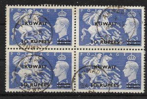 KUWAIT SG92 1951 10r ON 10/= ULTRAMARINE OVPT ON GB USED BLK OF 4 (r)