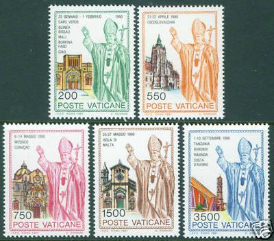 VATICAN Scott 890-894 Pope JP II  MNH** 1991 travels set