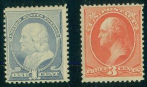US #212, 214 1¢ & 3¢ 1887 issue, both fresh og, LH, F/VF, Scott $150.00