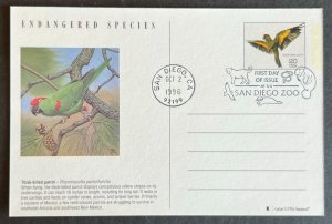 ENDANGERED PARROT #3105B OCT 2 1996 SAN DIEGO CA FIRST DAY COVER BX3-2