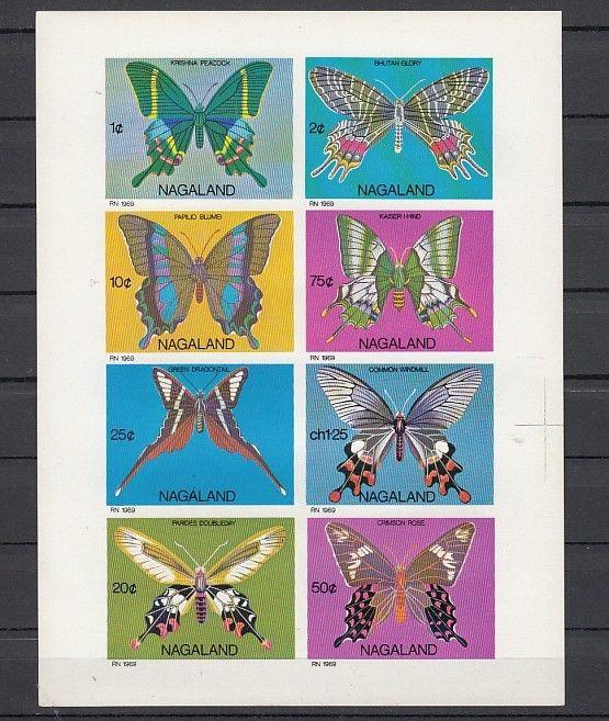 Nagaland, 1969 Indischem Lokal Ausgabe Schmetterlinge, Imperf Blatt Of 8