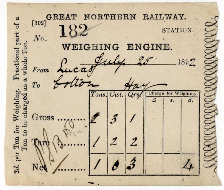 (I.B) Great Northern Railway : Weighing Engine Docket (Lucas to Bolton)