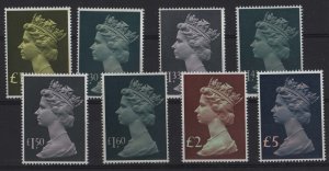 GB 1977 Machin large £1 - £5 set of 8 incl £1.30, etc um