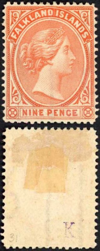 Falkland Is SG35 9d Pale Reddish Orange M/M (hinge remainders)  Cat 65 pounds