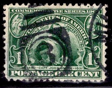 US Stamp #328 1c Green John Smith USED SCV $4.50