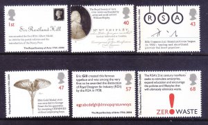 Great Britain 2222-27 MNH 2004 Royal Society of Arts 250th Anniversary set of 6