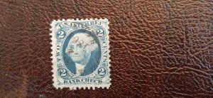 US Scott # R5c; 2c Revenue Bank Check; used with rare machine ; Fine centering