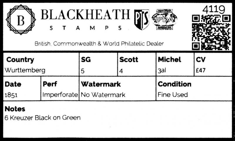 4119: Wurttemberg SG5 6 Kreuzer Black on Green. 1851. Sc#4 Mi3aI Fine Used. C£47