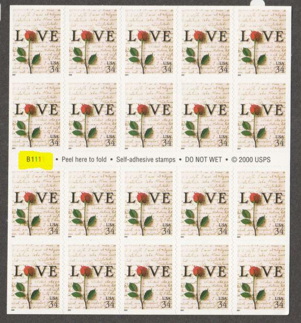 U.S. Scott #3497a Love Stamp - Mint NH Booklet Pane - Highlighted Plate #B1111