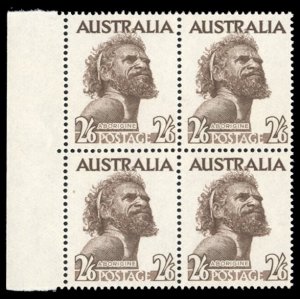 Australia #303 Cat$42, 1957 2sh6p brown, sheet margin block of four, never hi...