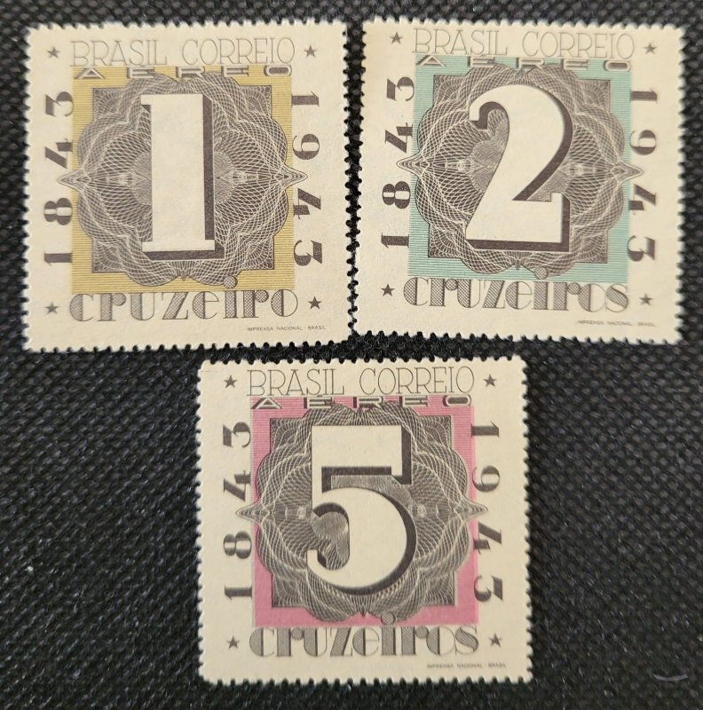 BRAZIL, 1943, Airmail, Centenary of 1st Stamp, set of 3,MH, SCV$5.75