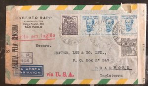 1940s Sao Pablo BRazil Censored Airmail Cover to Bradford England Via USA